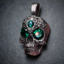 Load image into Gallery viewer, Face of the Machine - AI Designed Emerald Skull Pendant