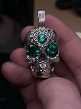 Load image into Gallery viewer, Face of the Machine - AI Designed Emerald Skull Pendant