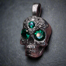 Load image into Gallery viewer, Face of the Machine - AI Designed Emerald Skull Pendant
