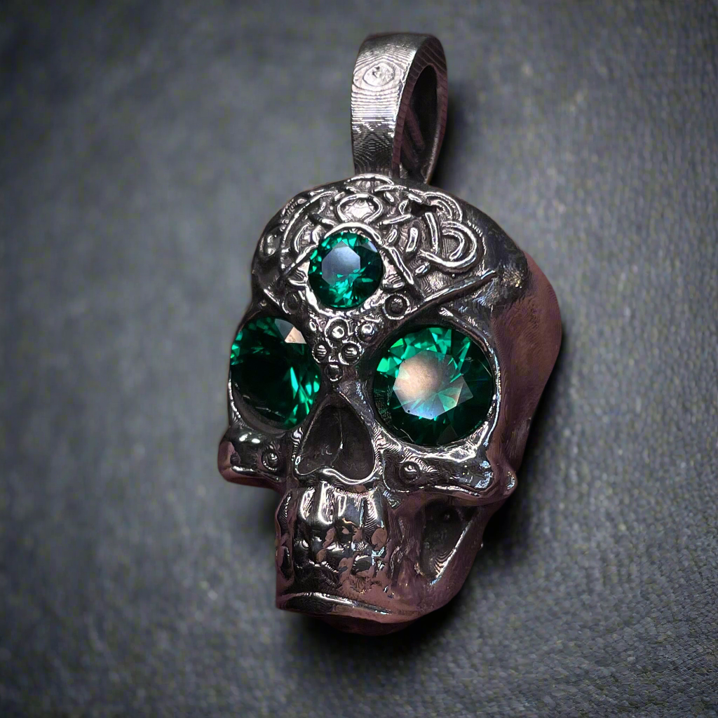 Face of the Machine - AI Designed Emerald Skull Pendant