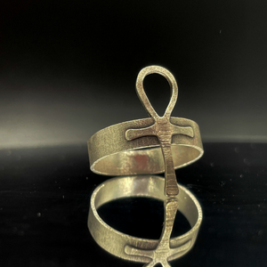 silver ring with egyptian ankh design facing right