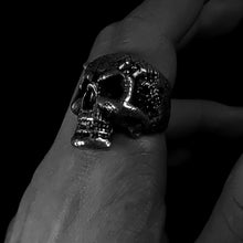 Load image into Gallery viewer, kings of alchemy devil skull ring .925 silver on finger black background
