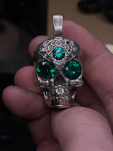 Load image into Gallery viewer, Face of the Machine - AI Designed Emerald Skull Pendant
