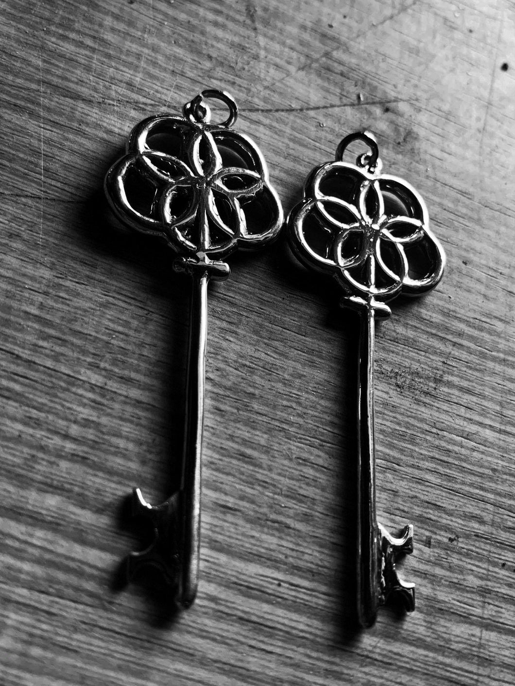 two kings of alchemy  skeleton keys with egg of life design and no chain on table in black and white