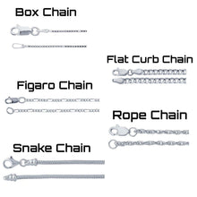 Load image into Gallery viewer, a picture detailing the different types of chains we offer at kings of alchemy
