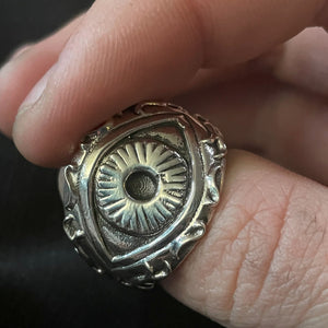 sterling silver ring of the eye of polyphemus the greek cyclops on finger. front view