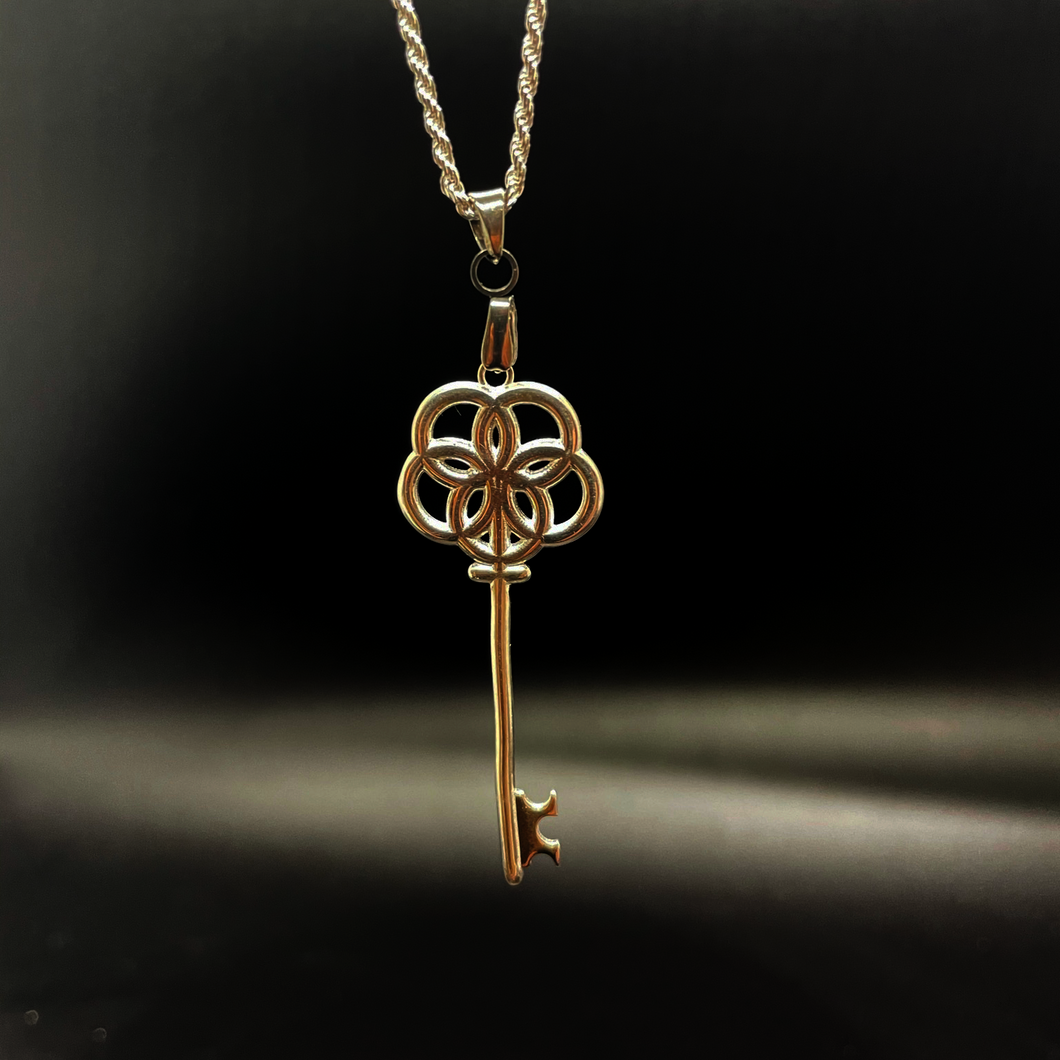 a skeleton key pendant based on greek god portunus with egg of life design on handle
